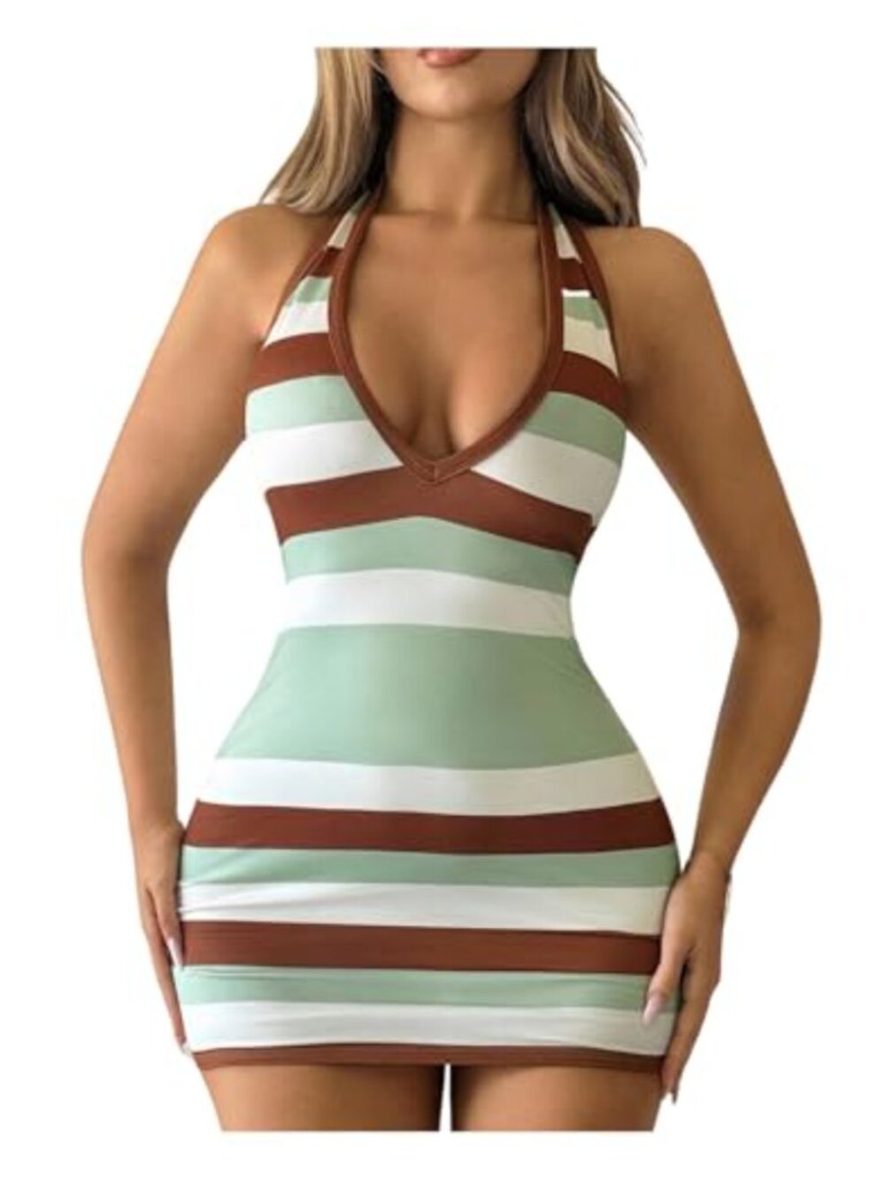 Bodycon Mini Dress Striped Sleeveless Halter Deep V Neck Backless